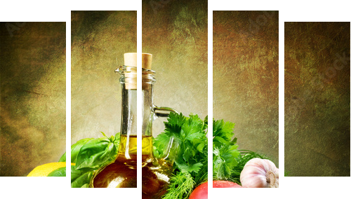 Zdrowe warzywa i oliwa z oliwek.Vintage w stylu - Obraz pięcioczęściowy, Pentaptyk