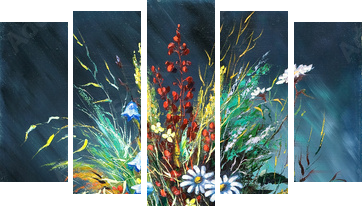 Bukiet dzicy kwiaty w wazie - Obraz pięcioczęściowy, Pentaptyk
