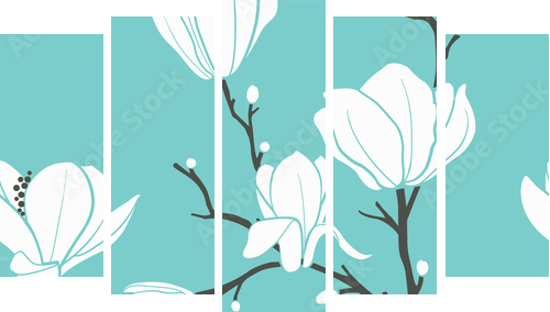 niebieski wzór magnolii - Obraz pięcioczęściowy, Pentaptyk