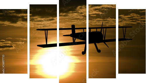 Samolot i zachód słońca - Obraz pięcioczęściowy, Pentaptyk