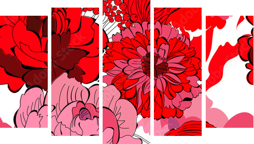 Bezszwowy wzór z czerwonymi kwiatami - Obraz pięcioczęściowy, Pentaptyk