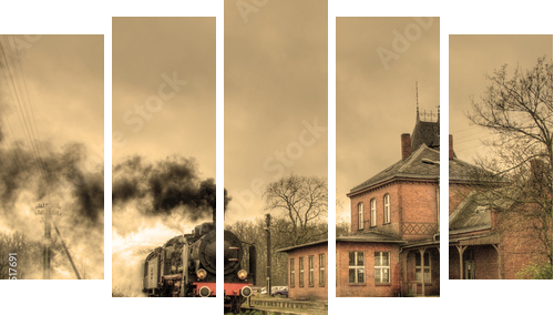 Stary retro pociąg parowy - Obraz pięcioczęściowy, Pentaptyk