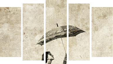 Dziewczyna z parasolem na rowerze. Zdjęcie w starym stylu obrazu. - Obraz pięcioczęściowy, Pentaptyk