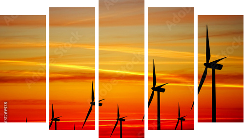 Farmy wiatrowe turbiny o zachodzie słońca - Obraz pięcioczęściowy, Pentaptyk