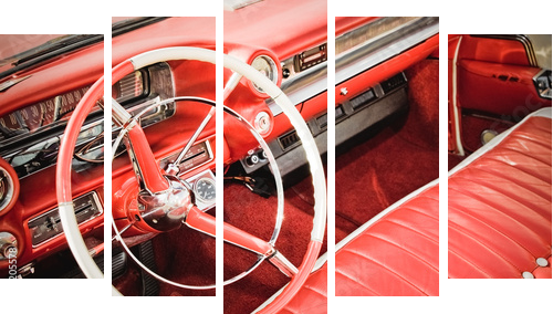 klasyczne wnętrze samochodu z czerwoną skórzaną tapicerką - Obraz pięcioczęściowy, Pentaptyk
