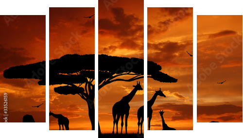 Stado żyraf w blasku zachodzącego słońca - Obraz pięcioczęściowy, Pentaptyk