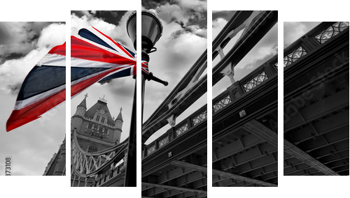 London Tower Bridge z kolorową flagą Anglii - Obraz pięcioczęściowy, Pentaptyk