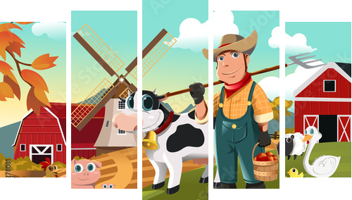 Rolnik w gospodarstwie ze zwierzętami - Obraz pięcioczęściowy, Pentaptyk