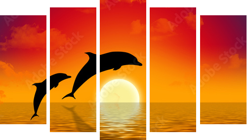 ilustracja dwóch delfinów pływanie w zachodzie słońca - Obraz pięcioczęściowy, Pentaptyk
