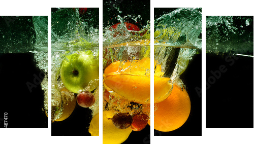 Owoce i warzywa pluskają się w wodzie - Obraz pięcioczęściowy, Pentaptyk