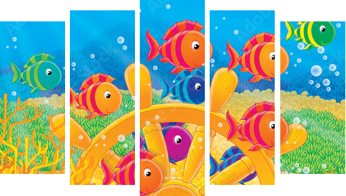 Kolorowe rybki na dnie oceanu - Obraz pięcioczęściowy, Pentaptyk