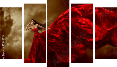 Kobieta macha piękną suknię z latającą tkaniną w czerwieni - Obraz pięcioczęściowy, Pentaptyk
