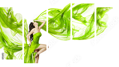 Kobieta tańczy w zielonej sukni, fruwające macha tkaniny - Obraz pięcioczęściowy, Pentaptyk