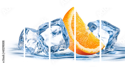 Pomarańczowa owoc z lodem odizolowywającym na białym tle - Obraz pięcioczęściowy, Pentaptyk