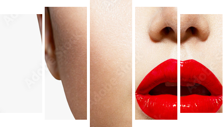 Czerwony seksowny zbliżenie usta i paznokcie. Manicure i makijaż - Obraz pięcioczęściowy, Pentaptyk