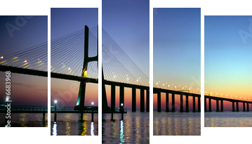 Panorama mostu Vasco da Gama o zmierzchu - Obraz pięcioczęściowy, Pentaptyk