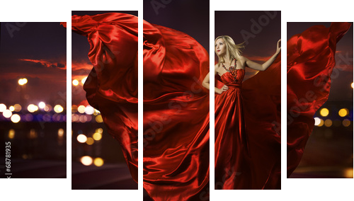 kobieta tańczy w jedwabnej sukni, artystyczny czerwony dmuchanie suknia macha - Obraz pięcioczęściowy, Pentaptyk