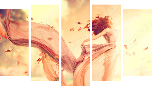 Jesienna dziewczyna fantasy, wróżka w dmuchanie szyfonowa sukienka - Obraz pięcioczęściowy, Pentaptyk