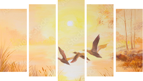 obraz olejny - Dźwigi o zachodzie słońca, dzieła sztuki - Obraz pięcioczęściowy, Pentaptyk
