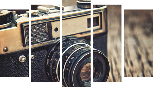 stary vintage zbliżenie kamery na drewniane tła - Obraz pięcioczęściowy, Pentaptyk