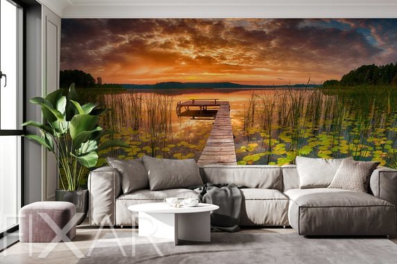 Drewniany-pomost-o-zachodzie-slonca-do-sypialni-fototapety-fixar