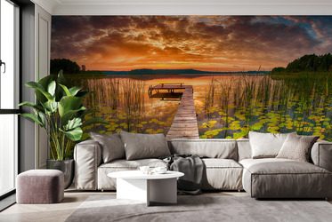 Drewniany-pomost-o-zachodzie-slonca-do-sypialni-fototapety-fixar