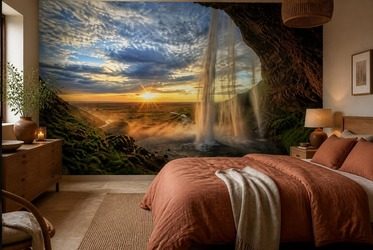 Zachod-slonca-za-wodospadem-w-naturalnej-cieplej-aranzacji-wodospad-fototapety-fixar