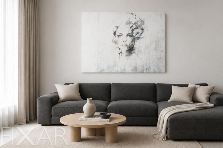 Obrazy i Plakaty Subtelny portret kobiety w monochromatycznej tonacji z kwiatowym akcentem