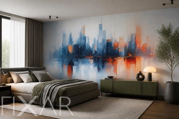 Kontrast-blekitow-i-pomaranczy-w-miejskim-pejzazu-architektura-fototapety-fixar