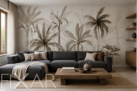 Kontrast-delikatnych-palm-na-tle-w-odcieniach-bezu-do-salonu-fototapety-fixar