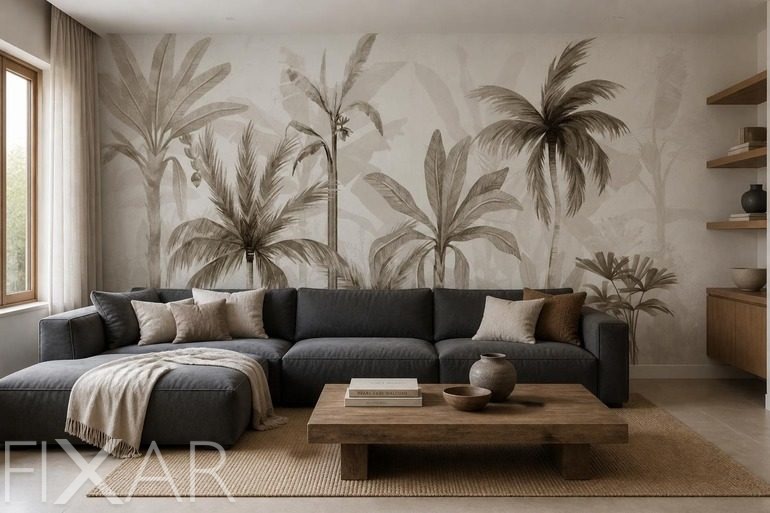 Fototapety Kontrast delikatnych palm na tle w odcieniach beżu