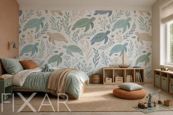 Kontrast-pastelowych-zolwi-na-jasnym-tle-do-pokoju-chlopca-fototapety-fixar