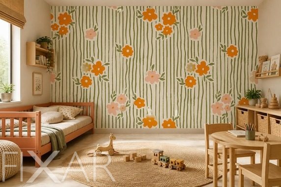 Rytmiczne-pionowe-pasy-z-pomaranczowymi-kwiatami-dla-dzieci-fototapety-fixar