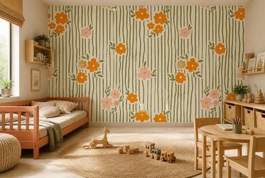 Rytmiczne-pionowe-pasy-z-pomaranczowymi-kwiatami-dla-dzieci-fototapety-fixar