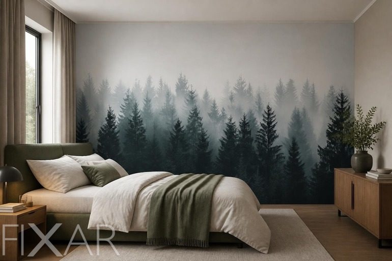Fototapety Niebiesko-szara mgła lasu iglastego