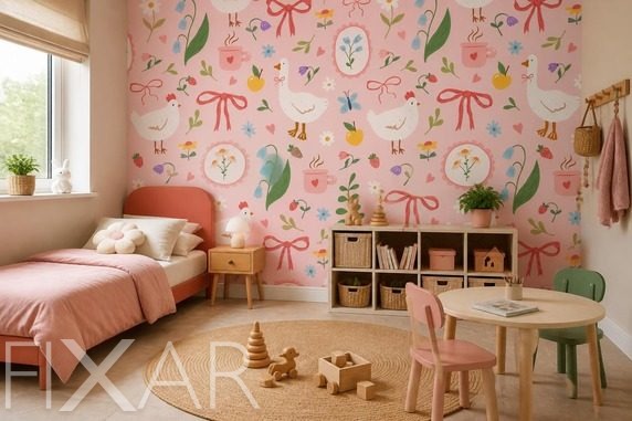 Jasna-i-przyjazna-scena-z-kurami-i-kwiatami-dla-dzieci-fototapety-fixar