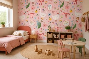 Jasna-i-przyjazna-scena-z-kurami-i-kwiatami-dla-dzieci-fototapety-fixar