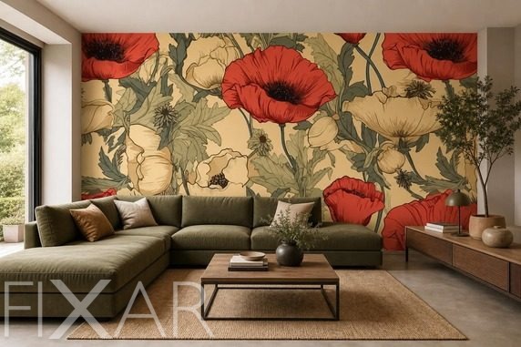 Czerwone-maki-na-kremowym-tle-o-zlocistym-blasku-do-salonu-fototapety-fixar