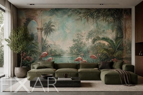 Nowoczesny-styl-z-tropikalnym-motywem-flamingow-do-salonu-fototapety-fixar