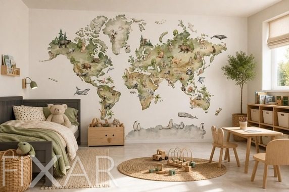 Ciepla-akwarelowa-mapa-zwierzat-swiata-dla-dzieci-fototapety-fixar